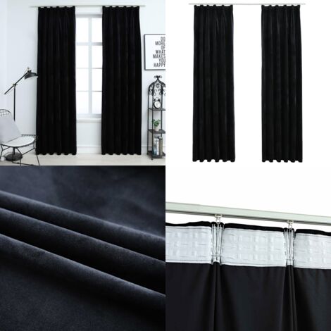 Rideaux occultants avec crochets 2 pcs Velours Noir 140x225 cm - Rideaux Noirs - Rideaux Velours - Rideaux Occultants - Décoration Intérieure - Salon - Home & Living