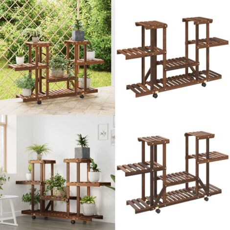 Support à Plantes VidaXL Avec Roues - 110x25x101cm - Bois Sapin Massif - Capacité 10kg/étagère - Marron