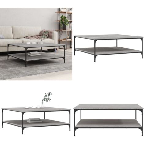 Table Basse Grise 100x100x30 Cm, Style Industriel, Piètement Métal, Plateau Bois Composite