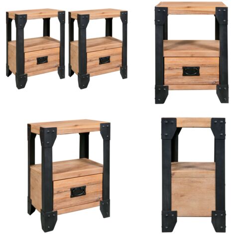 Lot de 2 Tables de Chevet en Bois Massif Style Industriel