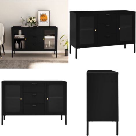 Buffet Noir 105x35x70 cm Acier et verre trempé - Buffet Noir - Meuble Rangement - Buffet Moderne - Buffet Industriel - Meuble Salon - Home & Living