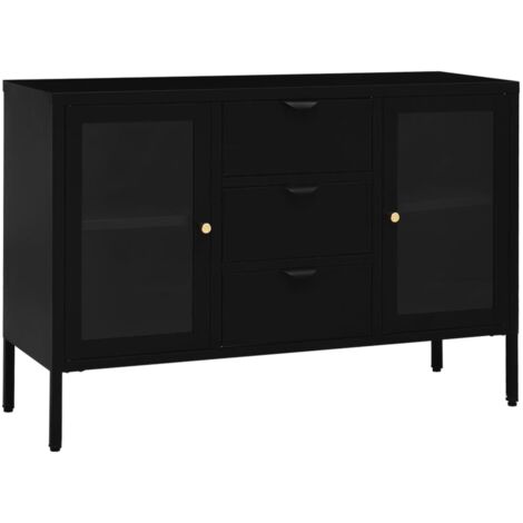 Buffet Noir 105x35x70 cm Acier et verre trempé - Buffet Noir - Meuble Rangement - Buffet Moderne - Buffet Industriel - Meuble Salon - Home & Living