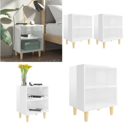 Paire De Tables De Chevet VidaXL - Blanc Brillant - Pieds En Bois - Pour Chambre à Coucher (2 Pièces)