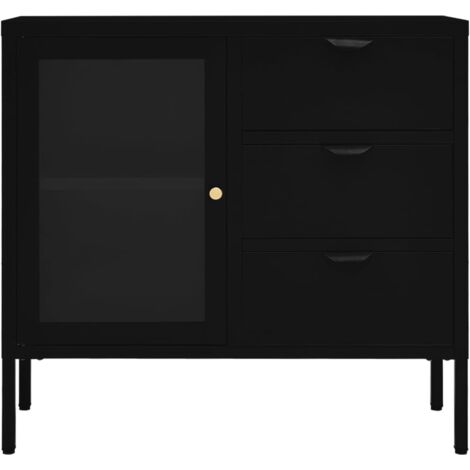 Buffet Noir 75x35x70 cm Acier et verre trempé - Buffet Noir - Meuble De Rangement - Buffet Moderne - Buffet Industriel - Buffet Contemporain - Home & Living