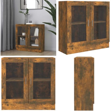 Bibliothèque Vitrée Chêne Fumé - 82,5x30,5x185,5 Cm, 5 Compartiments, Portes Vitrées, En Bois Ingénierie
