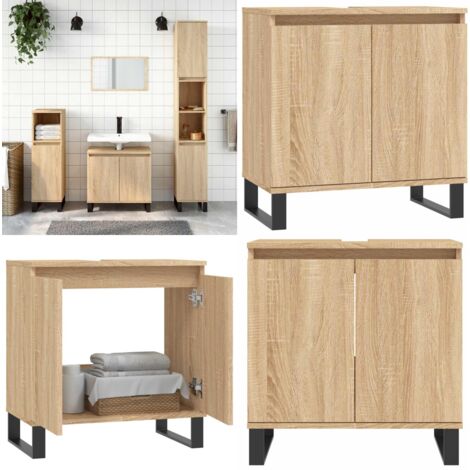 Armoire D'évier Salle De Bain Chêne 58x33x60 Cm - Meuble Rangement Sous Vasque, Bois D'ingénierie