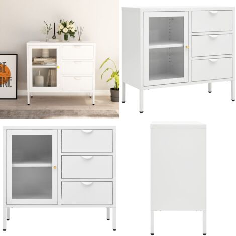 Buffet Blanc 75x35x70 cm Acier et verre trempé - Buffet Blanc - Meuble Rangement - Buffet Moderne - Buffet Cuisine - Buffet Salon - Home & Living