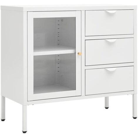 Buffet Blanc 75x35x70 cm Acier et verre trempé - Buffet Blanc - Meuble Rangement - Buffet Moderne - Buffet Cuisine - Buffet Salon - Home & Living