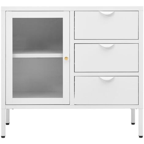 Buffet Blanc 75x35x70 cm Acier et verre trempé - Buffet Blanc - Meuble Rangement - Buffet Moderne - Buffet Cuisine - Buffet Salon - Home & Living
