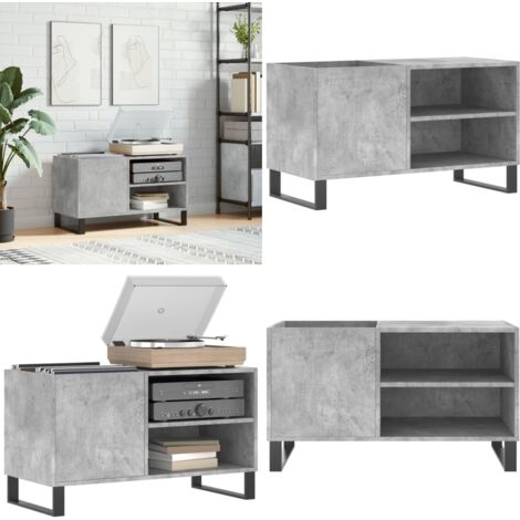 Armoire à Vinyles Gris Béton - 84,5 X 38 X 89 Cm - Bois D'ingénierie, Pieds Fer - Range Jusqu'à 354 Disques LP
