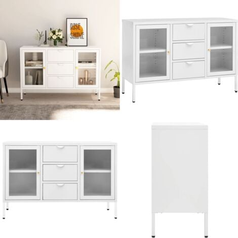 Buffet Blanc 105x35x70 cm Acier et verre trempé - Buffet Blanc - Meuble De Rangement - Buffet Moderne - Buffet Industriel - Buffet Cuisine - Home & Living