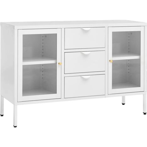 Buffet Blanc 105x35x70 cm Acier et verre trempé - Buffet Blanc - Meuble De Rangement - Buffet Moderne - Buffet Industriel - Buffet Cuisine - Home & Living