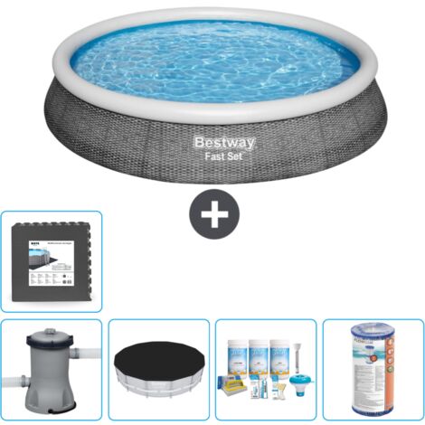 Piscine gonflable ronde Bestway à réglage rapide - Imprimé rotin - 396 x 84 cm - Comprend des Accessoires CB13 (1/5)