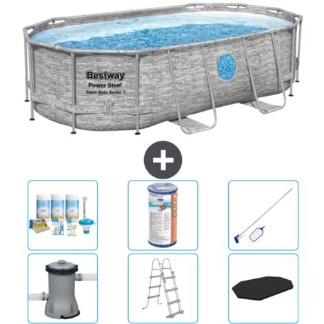 Piscine Bestway Oval Power Steel Swim Vista - Stone Print - 427 x 250 x 100 -  Comprend des Accessoires CB32 (1/4)