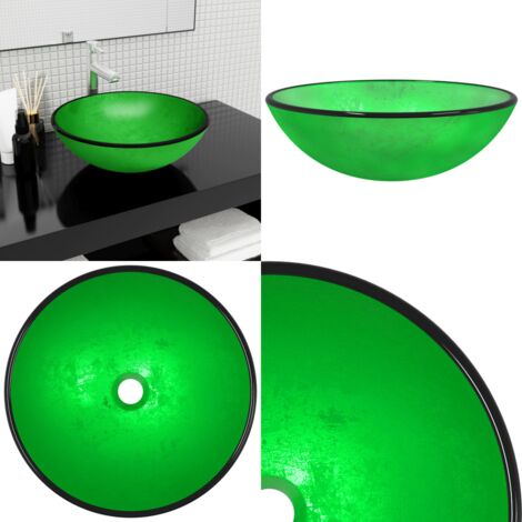 Ensemble Lavabo Verre Trempé Vert Feuille - Robinet Laiton Chromé - FD 4257-1
