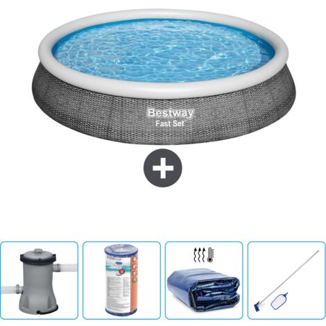 Piscine gonflable ronde Bestway à réglage rapide - Imprimé rotin - 396 x 84 cm - Comprend des Accessoires CB54 (1/4)