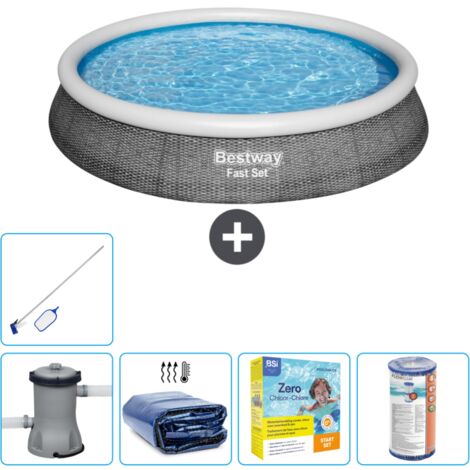 Piscine gonflable ronde Bestway à réglage rapide - Imprimé rotin - 396 x 84 cm - Comprend des Accessoires CB20 (1/5)