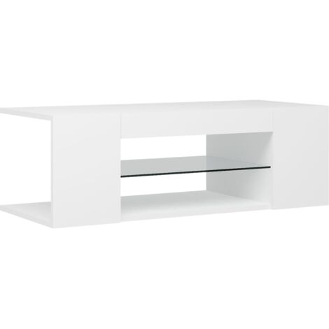 Meuble TV Blanc Avec éclairage LED RGB - 120x30x36 Cm - Bois Et Verre Trempé - Design Moderne Pour Salon