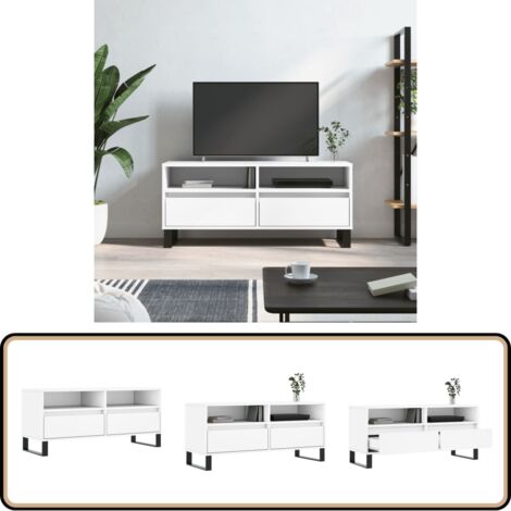 VidaXL Meuble TV Blanc 100x34.5x44.5 Cm - Bois D'ingénierie Et Fer - 2 Compartiments + 2 Tiroirs