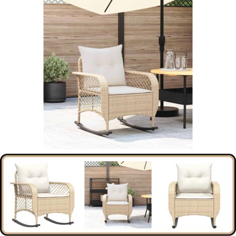 Chaise à Bascule De Jardin En Résine Tressée Beige - Avec Coussins, Pieds Réglables Et Résistante Aux UV - 110 Kg Max