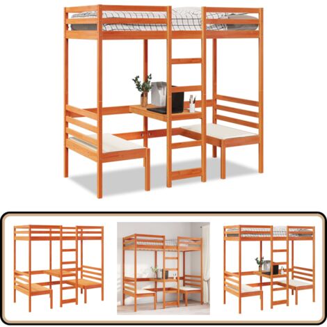 vidaXL Lit mezzanine avec bureau et chaises brun cire 80x200 cm pin (1/5)
