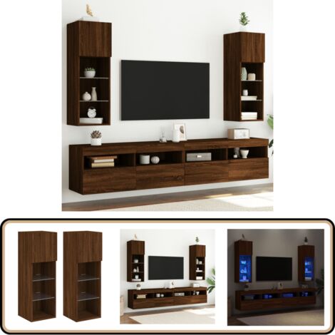 Meuble TV Avec Éclairage LED - 2 Éléments Chêne Fumé 60x35x15,5 Cm - Support Muraux Design - 3