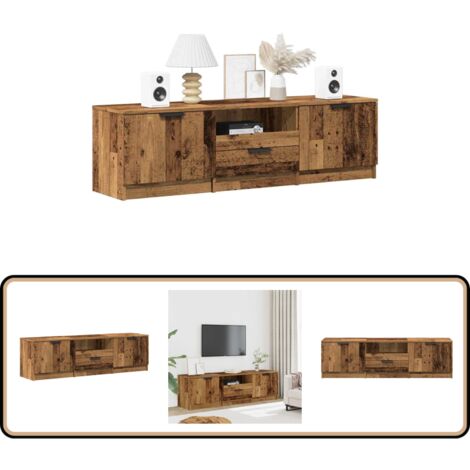 Meuble TV 180 Cm Vieux Bois - 4 Portes, Bois D'ingénierie, Pieds Métal, Rangement Console DVD Déco Salon