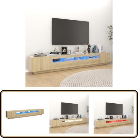 Meuble TV Blanc 260x35x40 Cm Avec 3 Niveaux, 3 Compartiments, 2 Portes Et Lumières LED RVB - Idéal Salon Et Divertissement