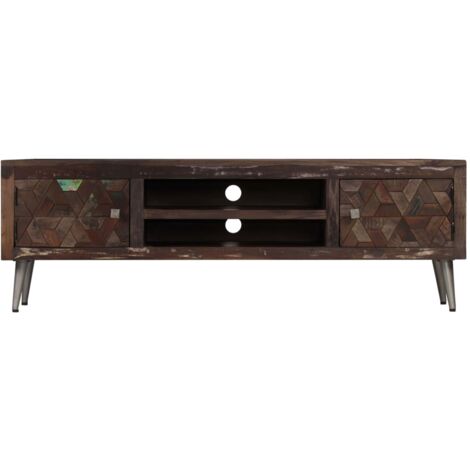 Meuble TV Vintage En Bois De Récupération - 120x40x30 Cm, 2 Portes, Style Ancien Unique, Couleur Anthracite