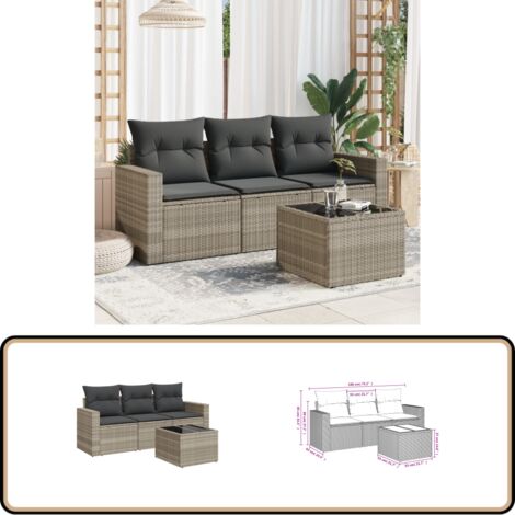 Salon De Jardin 4 Pièces En Résine Tressée - Canapé D'angle, Coussins Gris, Résistant Aux UV, Avec Rangement - 5
