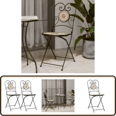 Lot De 2 Chaises De Bistro Pliantes VidaXL - Siège Céramique Terre Cuite/blanc, Cadre Fer Pour Terrasse, Balcon, Patio