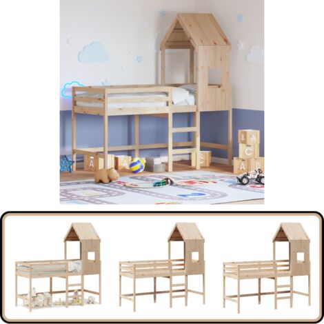 Lit Cabane, Lit Superposé Avec échelle à Angle Droit, Lit Enfant, Avec Protection Antichute Et Barrière, Cadre En Bois De Pin, Naturel, Blanc (200x90cm