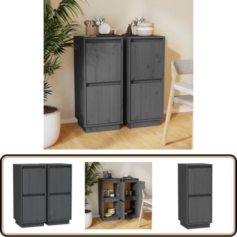 Buffet 2 Portes Gris 40x35x80 Cm – Bois Massif De Pin – Meuble De Rangement