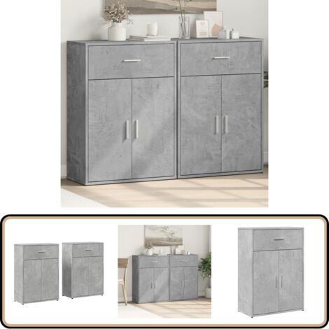 Buffet Gris Béton 160 Cm En Bois D'ingénierie - 2 Modules De 80x36x75 Cm, 4 Portes, 2 Tiroirs, Fixation Murale Incluse