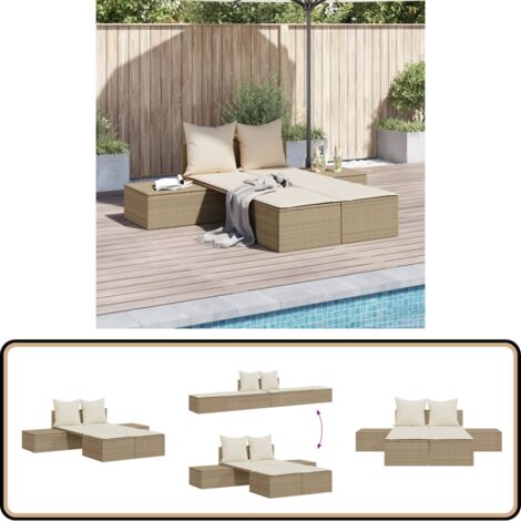 Lot Chaise Longue De Jardin Avec Table Et Coussin Beige - Marque Metra - Neuf Monté