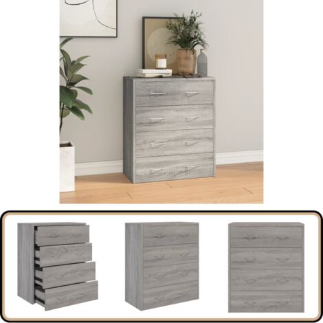 Commode 4 Tiroirs 60x30,5x71 Cm - Meuble De Rangement Chambre, Gris Béton, En Bois D'Ingénierie, Capacité 50 Kg