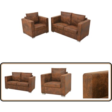 Lot De 2 Fauteuils Salon - Daim Et Cuir Marron - Occasion Bon État
