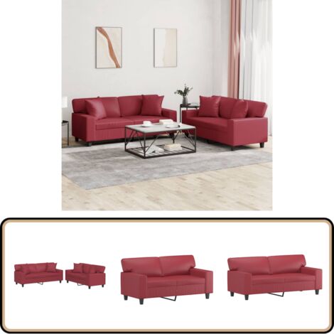 Lot De 2 Canapés 2,5 Places En Cuir Bordeaux - Dimensions 185x95 Cm - Occasion