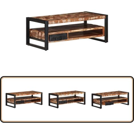 Table Basse En Bois Recyclé Style Industriel - Dimensions 90x50x38 Cm - Finition Mate Multicolore, Vintage - Avec Espace De Rangement - Pour Intérieur - 11