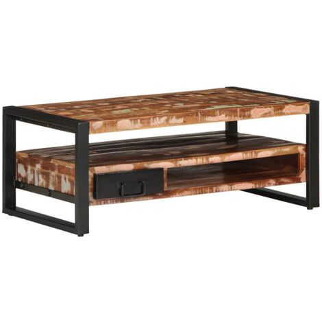 Table Basse En Bois Recyclé Style Industriel - Dimensions 90x50x38 Cm - Finition Mate Multicolore, Vintage - Avec Espace De Rangement - Pour Intérieur