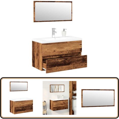Vidaxl – Ensemble de meubles de salle de bain avec armoire d'évier et miroir – Bois d'ingénierie – Dimensions 80x38,5x45 cm – Vasque céramique blanche (1/5)