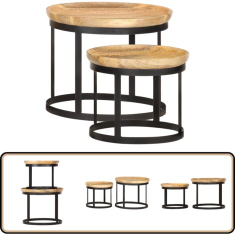 Tables d'appoint rondes 2 pcs Bois de manguier solide et acier - Table