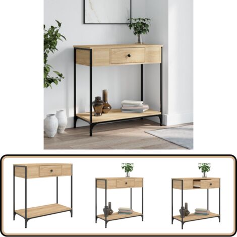 Table Console 120x33,5x75 Cm ML-Design - Chêne Rustique, Cadre Acier Noir, 2 étagères (entrée, Salon, Couloir) - 11