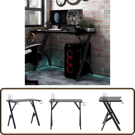 Bureau Gamer JUMMICO 180x60 Cm - Table De Jeu Avec Tapis De Souris, Porte-gobelet, Crochet Casque - Noir