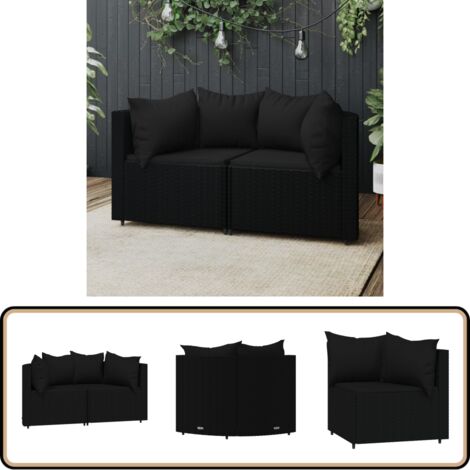 Canapé D'angle Jardin 2 Places - Résine Tressée Noire Et Acier - Avec Coussins Crème - Pour Terrasse Et Patio