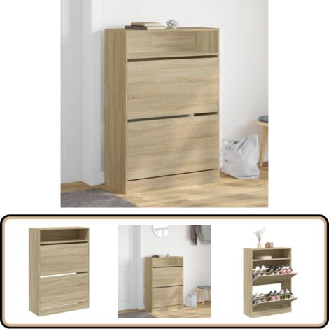Meuble à Chaussures 2 Tiroirs + Rangement Ouvert - Rotin, 12 Paires (80x24x115 Cm)