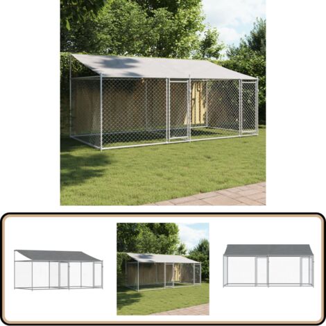 The Living Store Cage pour chien avec toit/portes gris 12x2x2 m acier galvanisé - Cages Pour