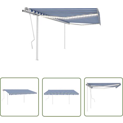 Randaco Store Banne Manuel 350 X 300 Cm Bleu Blanc, Auvent à Bras Articulé Pour Balcon, Réglage D'angle (0-30 °), Anti-UV Et Imperméable, Aluminium/Polyester