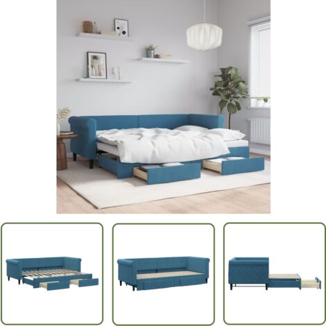 Lit De Jour Avec Gigogne Et Tiroirs – Bleu Velours – 80x200 Cm – Neuf