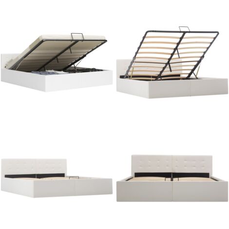 Cadre De Lit Avec Rangement Hydraulique Et Tête Capitonnée - Dimensions 160x200 Cm - Blanc Cassé - Bois De Chêne Massif - Design Moderne Et Gain De Place